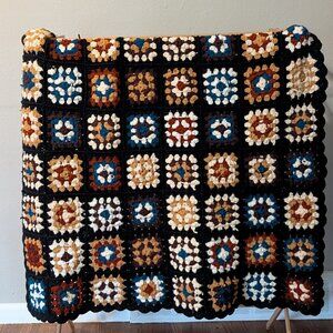 VTG Black Brown Tan Granny Square Knit Handmade Throw Blanket